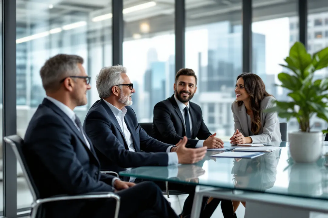 Four senior executives in a modern conference room reviewing strategy documents together with a city skyline visible through floor-to-ceiling windows