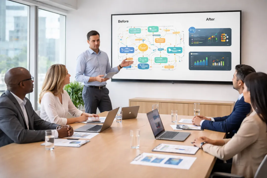 Consultant presenting a before-and-after process workflow diagram to executives in a modern conference room