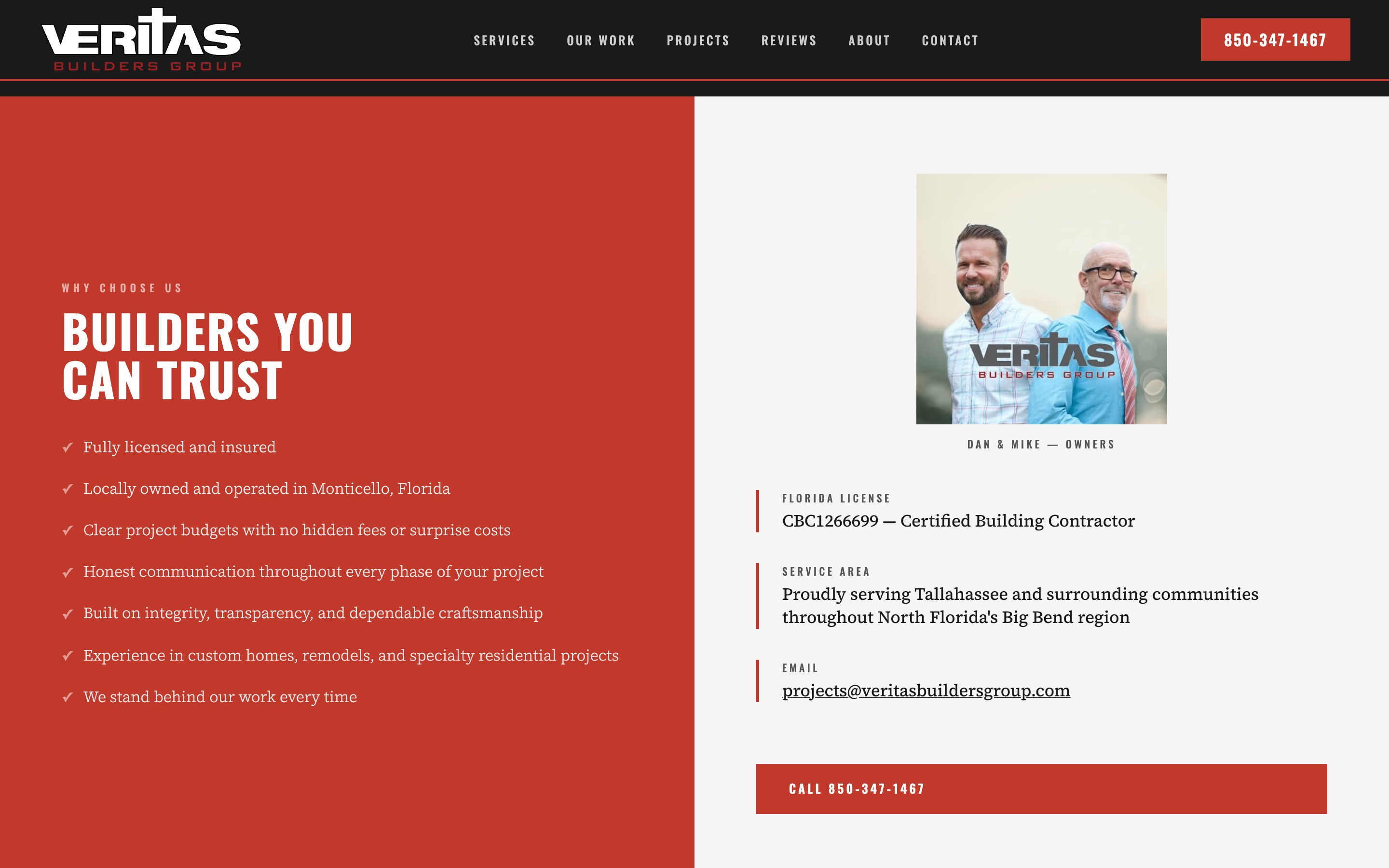 The "About" section of the Veritas Builders Group website: trust points, owners Dan and Mike, Florida license, and service area.
